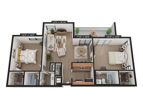 Floor plan for 2 beds, 2 baths, 1056 sqft
